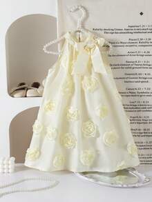 Young Girl's Stand Collar Mesh Floral Casual Loose Halter Dress - Apricot - View 4