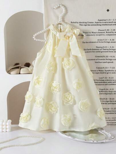 Young Girl's Stand Collar Mesh Floral Casual Loose Halter Dress