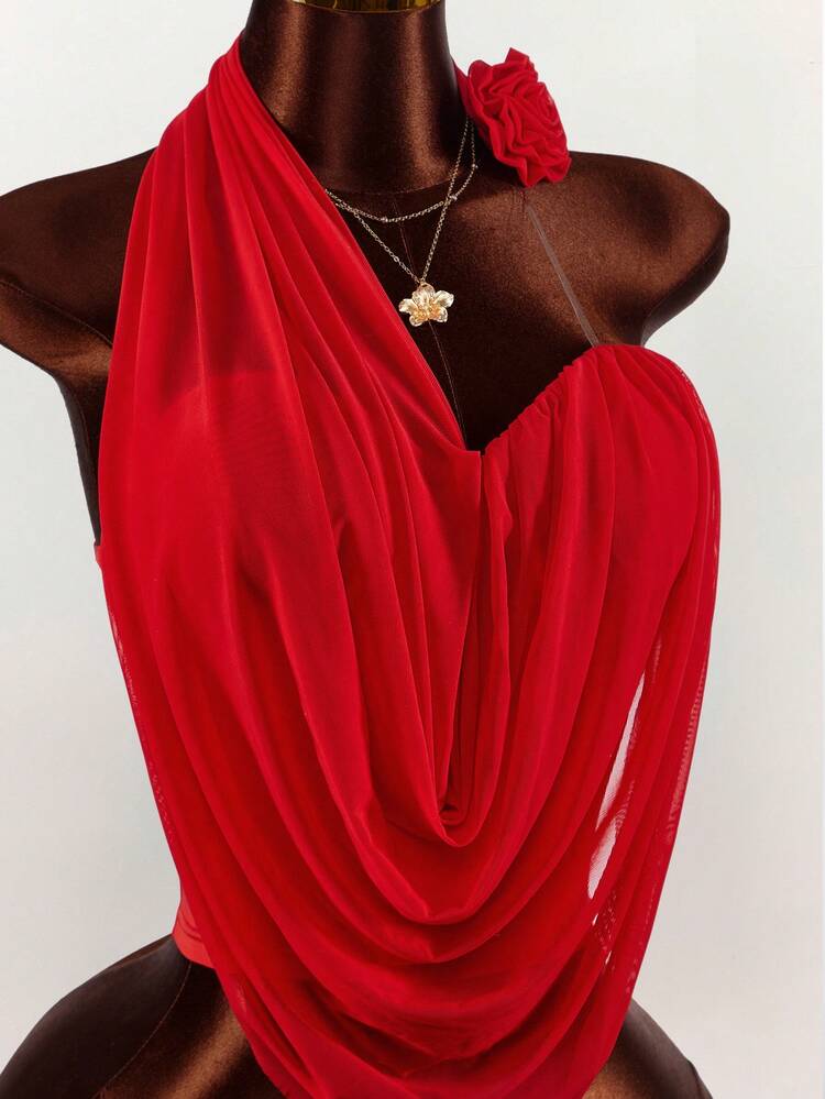 Amplova Asymmetric Women's Top With Sheer Mesh & Faux Flower Decor - Red - View 7