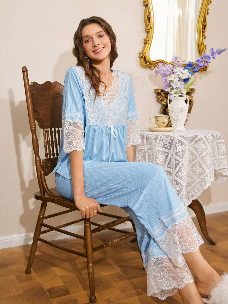 Elegant French Romantic Lace Patchwork Mid-Sleeve Women Pajama Set - Baby Blue - View 1