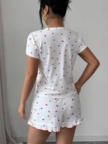 SHEIN 爱心印花短袖短裤舒适睡衣套装 - 白色 - 查看 2