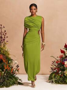 Zivah 2026春夏新款音乐节、复活节、圣帕特里克节、情人节、约会、西部风情、游牧风、生日派对、毕业典礼、大学、学生、日常穿着、百搭基础款、休闲、度假、邮轮旅行、海滩、日光浴、爆款、街头风、婚礼宾客波西米亚风、通勤、早午餐、机场、派对、假日郊游、办公室穿着 绿色不对称袖褶皱腰A字型长裙 - 綠色 - 查看 5