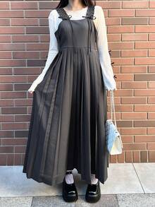 FRIFUL Women's Solid Color Suspender Strap Shoulder Ruched Bow Decor Pleated Hem Loose Casual Versatile Long Dress, Spring Sundress - Grey - View 2