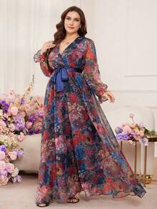 Modelyn 大码女士优雅印花长裙，交叉V领，长袖，系带腰身，A字廓形，适合度假穿着 - 彩色 - 查看 6