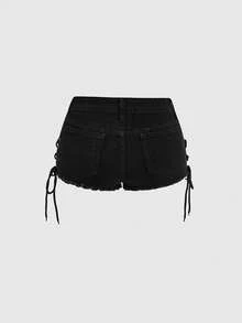 ROMWE Women's Y2K Millennium Retro Ultra Low Waist Mini Musical Note Rhinestone Embellished Denim Jeans - Black - View 2