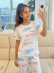 1set Tween Girls Pajamas Set, Fashion New Cloud, Star & Moon Print Short Sleeve Top And Pants, Sleepwear Soft Pajamas Set - White - View 4
