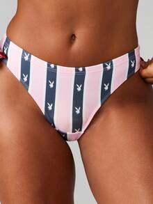 Missguided x Playboy Lenjerie intimă confortabilă cu imprimeu de bikini, tanga cu dungi orizontale și logo-ul iepurașului, pentru purtare zilnică și plajă de vară - Multicolor - Vizualizare 3
