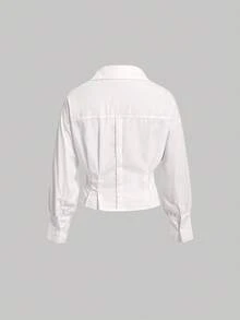 Aveloria Modichic 女士春夏长袖休闲办公衬衫，腰部带扣设计 - 白色 - 查看 2