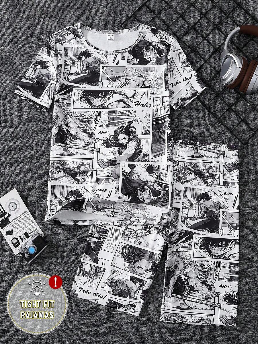 Set Piyama Pas Badan Lengan Pendek Motif Mecha/Prajurit Lapis Baja untuk Remaja Laki-laki - MultiWarna - View 1