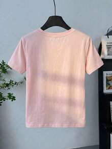 Coffee Beans Embroidery Graphic Round Neck Women T-Shirt - Baby Pink - View 2