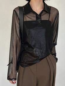 FRIFUL Women's Loose Sheer Mesh Polo Collar Blouse, Lightweight Summer Top - Black - View 2