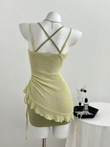 Elamini 女士休闲深V领荷叶边镂空不规则荷叶边下摆抽绳系带连衣裙 - 綠色 - 查看 6