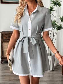 INAWLY 女士优雅条纹撞色白色领口开襟系带腰身喇叭下摆迷你连衣裙 - 灰色 - 查看 6