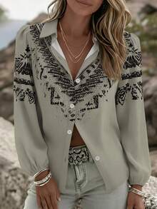 Zayélia Áo kiểu nữ tay dài cổ bẻ cài cúc đơn, in họa tiết hoa cổ điển, đa năng, thích hợp mặc hàng ngày. - Nhiều màu - Xem 5