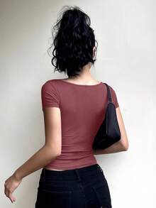 DAZY Women's Solid Color Sweetheart Neck Front Twist Fitted Short Sleeve T-Shirt, Summer - Red - View 5