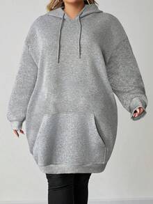 Enliva 大码女式长款连帽卫衣，带口袋细节，保暖内衬，长袖宽松版型，适合秋冬季节，苹果型圆身身材 - 灰色 - 查看 3