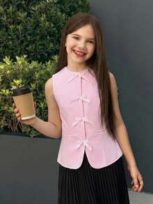 SHEIN Firerie Kids Tween Girl Commuter Casual Sleeveless Tank Top - Baby Pink - View 5