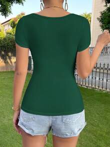 SHEIN Essnce 女士纯色修身休闲日常短袖T恤 绿色露脐上衣 基本款上衣 绿色夏季上衣 方领上衣 祖母绿上衣 绿色 - 墨綠色 - 查看 2