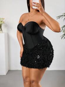 SHEIN PETITE CURVE 大码女式纯色仿毛皮拼接紧身性感时尚连衣裙 - 黑色 - 查看 4