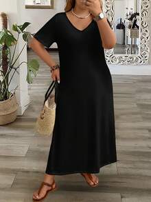 Rusticease 大码女式休闲简约V领短袖纯黑色长款连衣裙，适合夏季度假 - 黑色 - 查看 3