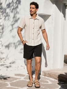 VIVINTIMO Men's Summer Striped Short Sleeve Button-Down Casual Shirt - Khaki - View 3