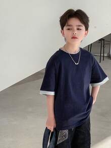 DAZY 男童撞色滚边圆领休闲宽松T恤 - 藏蓝色 - 查看 3