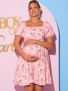 Loomaby Vestido Elegante de Manga Bufante com Estampa Floral Miúda para Gestantes, Verão - Multicolorido - Visão 2