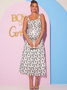 Loomaby Maternity Ditsy Floral Fitted Elegant Sleeveless Dress Dress Gender Reveal Dress Maternity Dress Baby Shower Dress - Multicolor - View 11