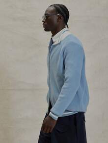 Musero 长袖针织拉链毛衣外套撞色领针织套头衫冬季必备 - 藍白色 - 查看 4