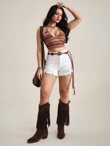 SHEIN Tall Women's Casual Solid Color Distressed Frayed Hem Fitted Denim Shorts, Summer - White - View 6