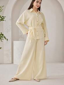 2件套女士简约通勤纯色纽扣衬衫和裤子套装，秋季 - 黃色 - 查看 5