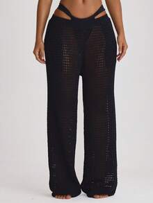 Musera Resort 钩针编织阔腿罩裤泳装度假夏季旅行沙滩装纯色基础款度假核心款 - 黑色 - 查看 1