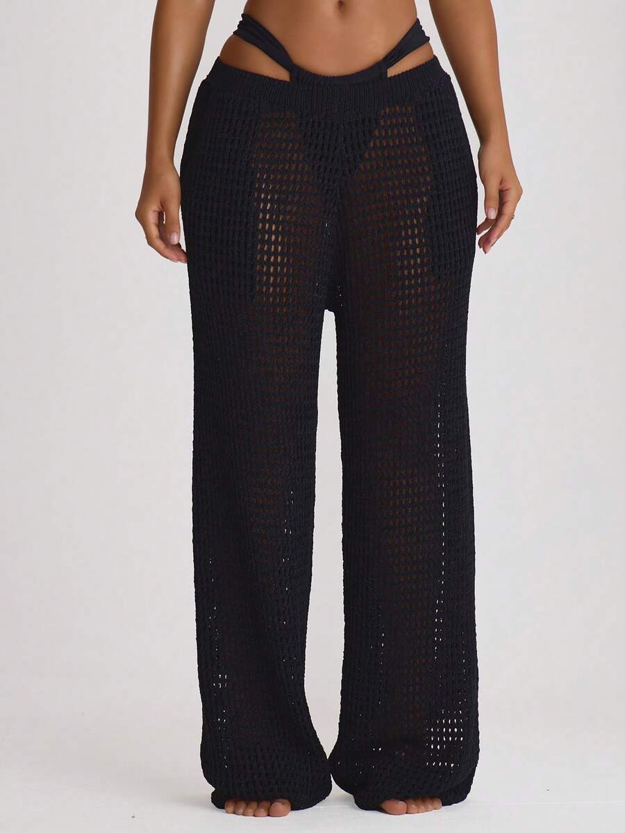 Musera Resort 钩针编织阔腿罩裤泳装度假夏季旅行沙滩装纯色基础款度假核心款 - 黑色 - 查看 1