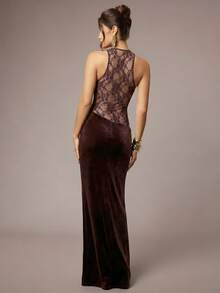 Silquee Solid Color Deep V-Neck Ruffle Long Sleeve Dress, Autumn/Winter - Coffee Brown - View 2