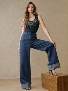 Anewsta Women's Romantic Glitter Straight Leg Jeans, Suitable For Valentine's Day Party And Vacation, Blue - Blue - View 9