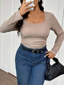 SHEIN Frenchy Apricot Rib Knit Square Neck Long Sleeve Plus Size T-Shirt Casual Regular Length Top - Apricot - View 9