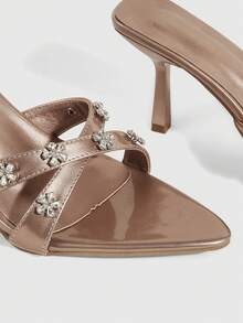 CUCCOO SZL Sandalias de tacón alto con puntera puntiaguda, decoración de flores de rhinestone para uso diario de moda para mujer - Oro rosa - Ver 9