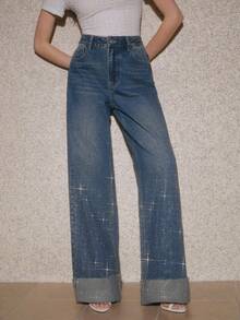 Anewsta New Rhinestone Embellished Women's Blue Straight Leg Jeans Bling Jeans Studded Jeans Wide Leg Jeans Woman Rhinestone Denim Rhinestone Jeans - Blue - View 5