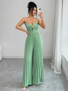 Rafferiza 女士优雅无袖褶皱长款连体裤，浅绿色，适合春夏度假和约会 - 薄荷綠 - 查看 5