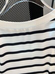 Resyla Women's Summer Cute Black And White Striped Short Sleeve T-Shirt,3D Rhinestone Bowknot Decor Round Neck Top For School,Back-To-School Everyday Wear - Black and White - View 3