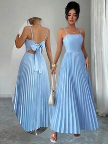 SHEIN Raffinéa Đầm hè thanh lịch, nhẹ nhàng, dáng ôm sát với hiệu ứng xếp nếp, cổ vuông, dây mảnh, lưng hở, thiết kế nơ, eo cao, dáng chữ A, giúp tôn dáng. - Màu xanh nhạt - Xem 4