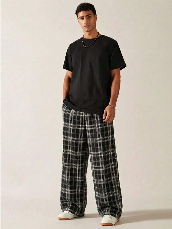 SWAVVY Men's Casual Loose Plaid & Striped Pants Men Summer Pants Set Men Baggy Wide Pants Men Plaid Pants