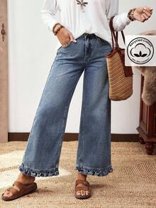 EMERY ROSE Plus Size Women Street Casual Comfortable Mid-Blue Non-Stretch Ruffle Hem Straight Leg Jeans - Medium Wash - View 4