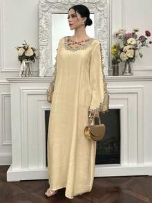 Yasmyna Đầm dài tay thanh lịch kiểu Ả Rập dành cho nữ, thiết kế đan chéo đính kết. - Màu Khaki - Xem 8