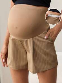 MaterniWear Sommer Frauen Büro, Business Umstandsmode Elegante Lässig gestreifte Muster Taschen Shorts, Old Money Stil, Pendler Shorts - Khaki - Übersicht 1