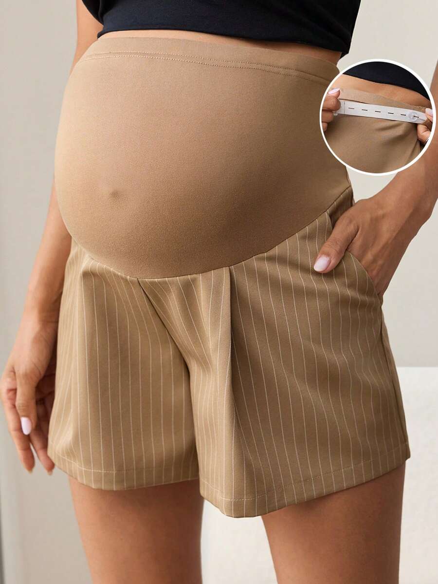 MaterniWear Sommer Frauen Büro, Business Umstandsmode Elegante Lässig gestreifte Muster Taschen Shorts, Old Money Stil, Pendler Shorts - Khaki - Übersicht 1