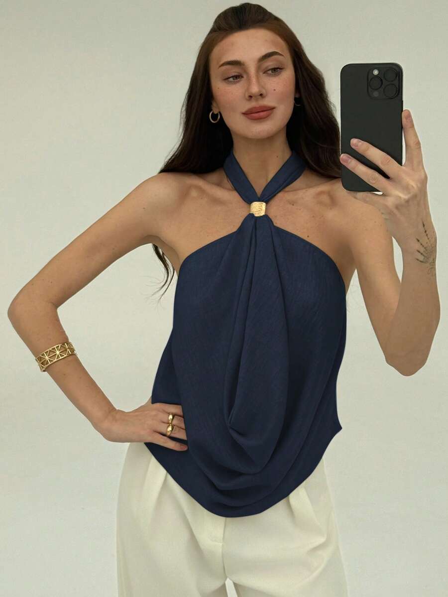 Aloruh 女士露背吊带无袖宽松休闲上衣，夏季 - 藏蓝色 - 查看 1