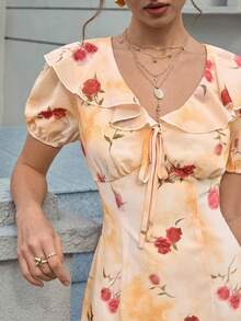 Cévolie Women's Summer New French Ruffled V-Neck Floral Tie Waist Slimming Puff Sleeve Romantic Printed Chiffon Dress - Yellow - View 3