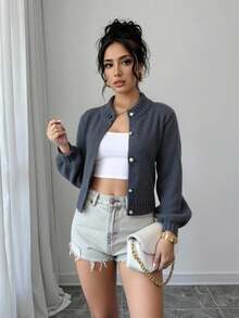 Women Button Front Pearl Buttoned Cozy Knit Cardigan - Grey - View 3