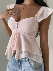 Sweetra Áo không tay cổ vuông, xoắn phía trước, xếp ly ở gấu áo, thắt eo dành cho nữ, kiểu dáng tôn dáng, thích hợp cho mùa xuân, mùa hè, kỳ nghỉ lãng mạn, hẹn hò, mặc thường ngày. - Hồng - Xem 3